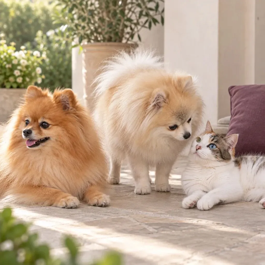 Dos perros pomerania y un gato descansando juntos