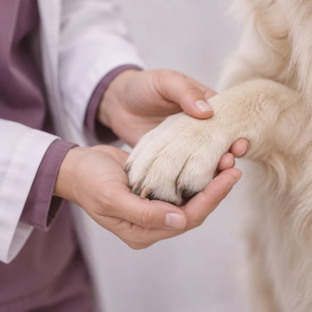 Veterinaria sosteniendo la pata de un perro