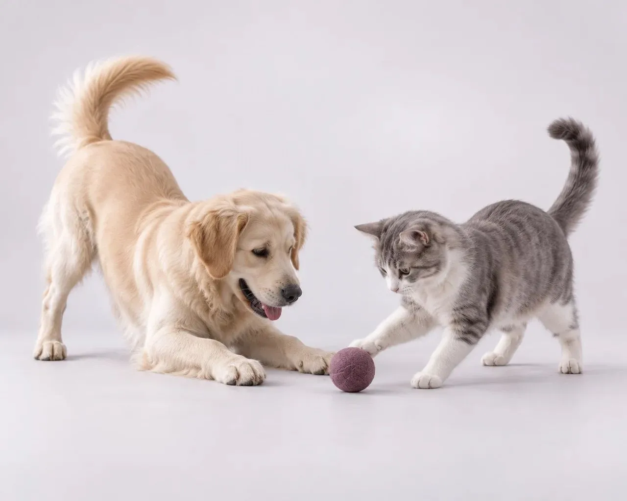 Un perro y un gato jugando con una pelota