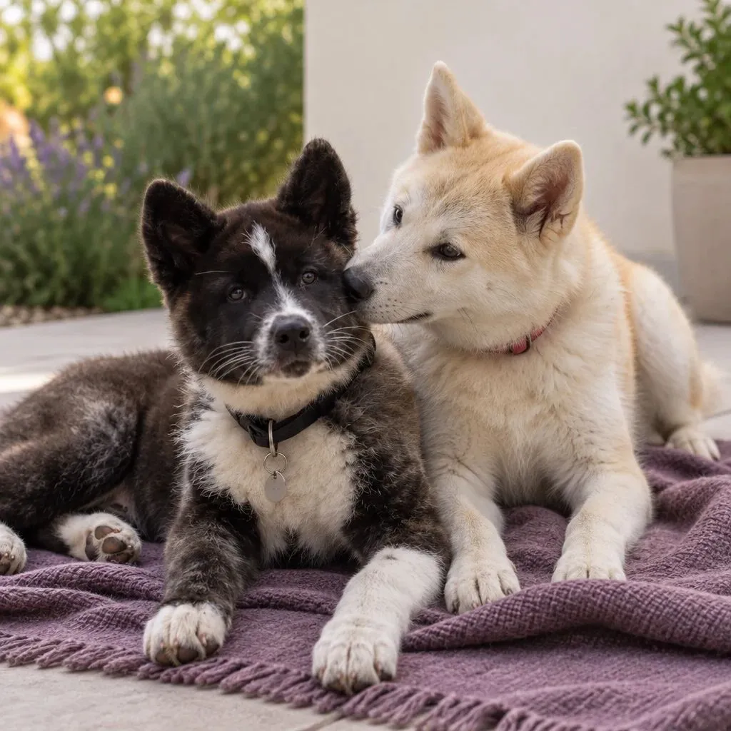 Dos cachorros recostados sobre una manta