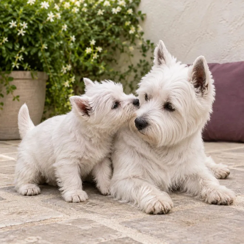 Dos perros westie blancos dándose cariño